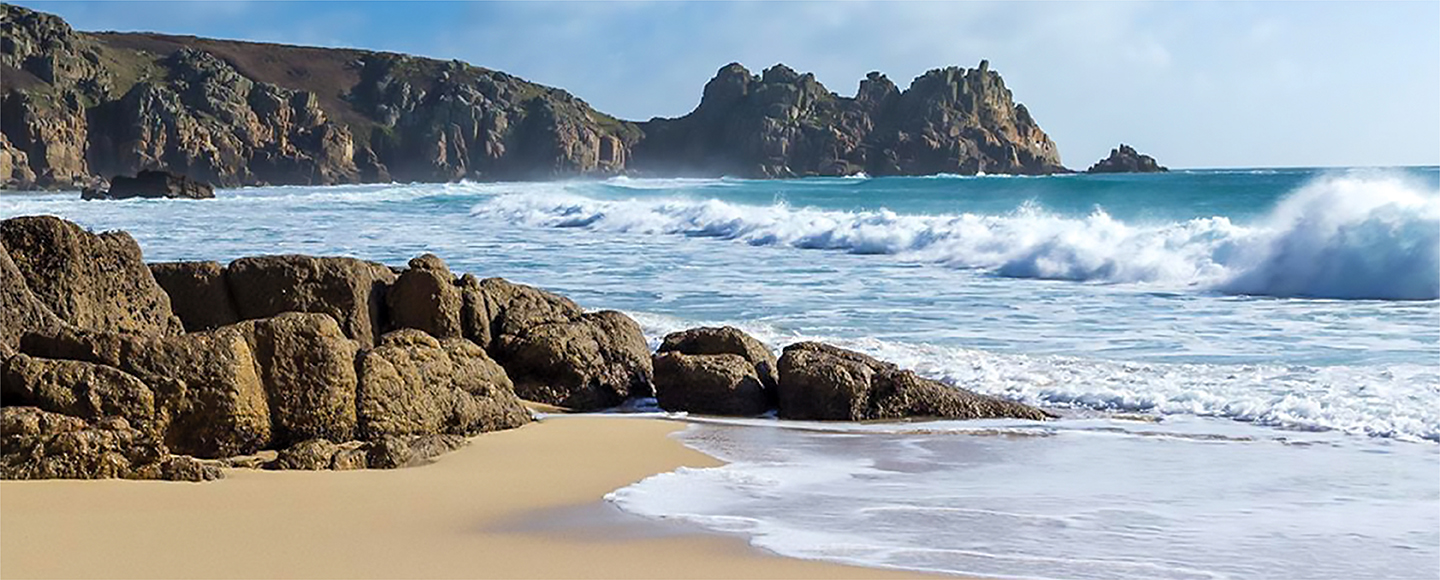 A coastal view and beach in Cornwall, England