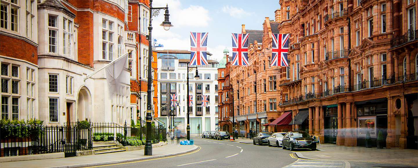 A street in London showing flags